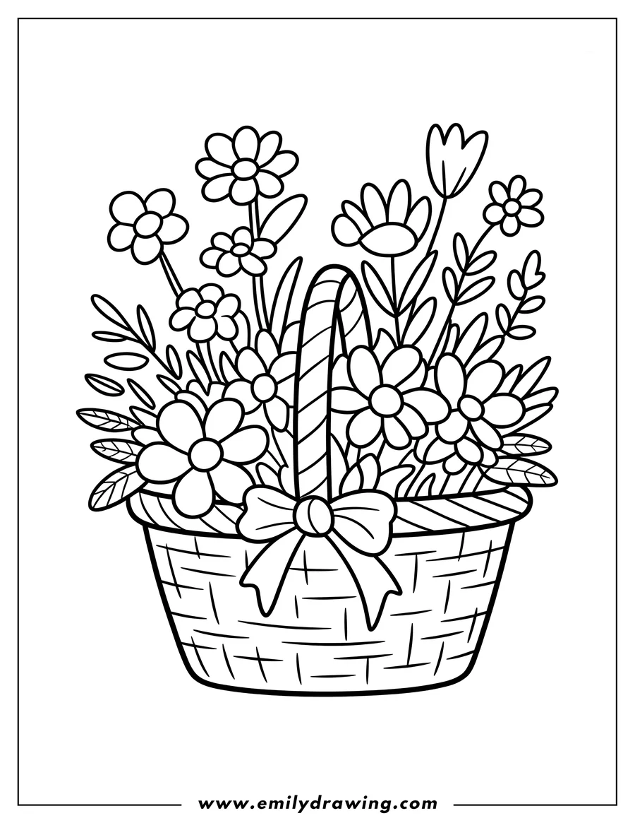 Outline of a woven basket filled with various flowers and tied with a bow.