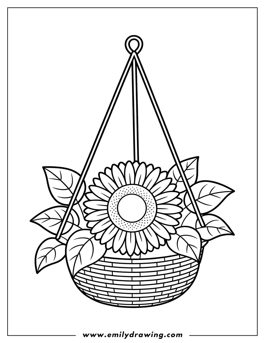 Outline of a flower with large petals and leaves sitting in a hanging woven basket.