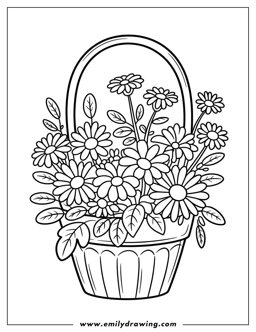 Outline of several daisies and leaves arranged in a woven basket.