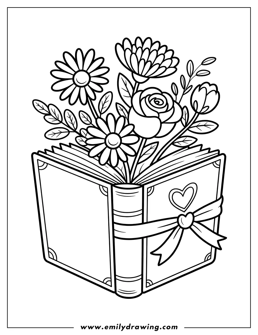 Outline of a book with various flowers, including roses and daisies, growing from its open pages. The book is tied with a ribbon decorated with a heart.