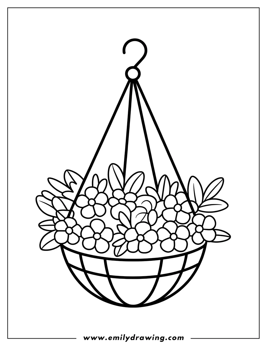 Outline of a hanging basket filled with flowers and leaves.