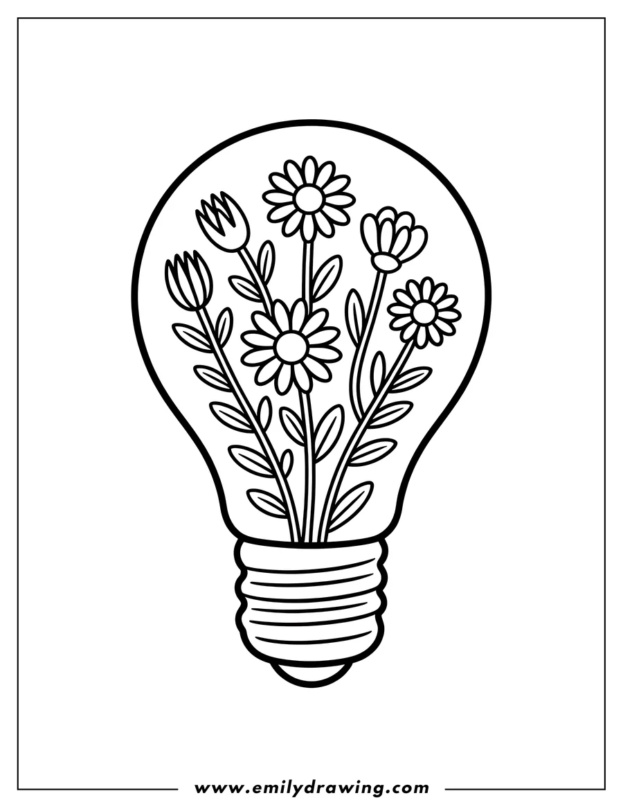 Outline of several flowers inside the glass globe of a lightbulb. Daisies and tulips are visible with stems and leaves.