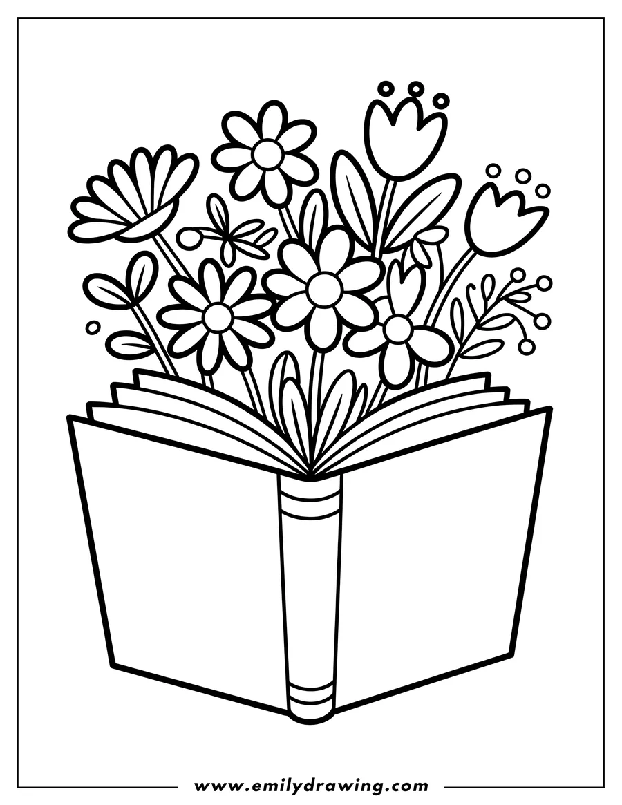 Outline of an open book with various flowers and leaves growing out of it.