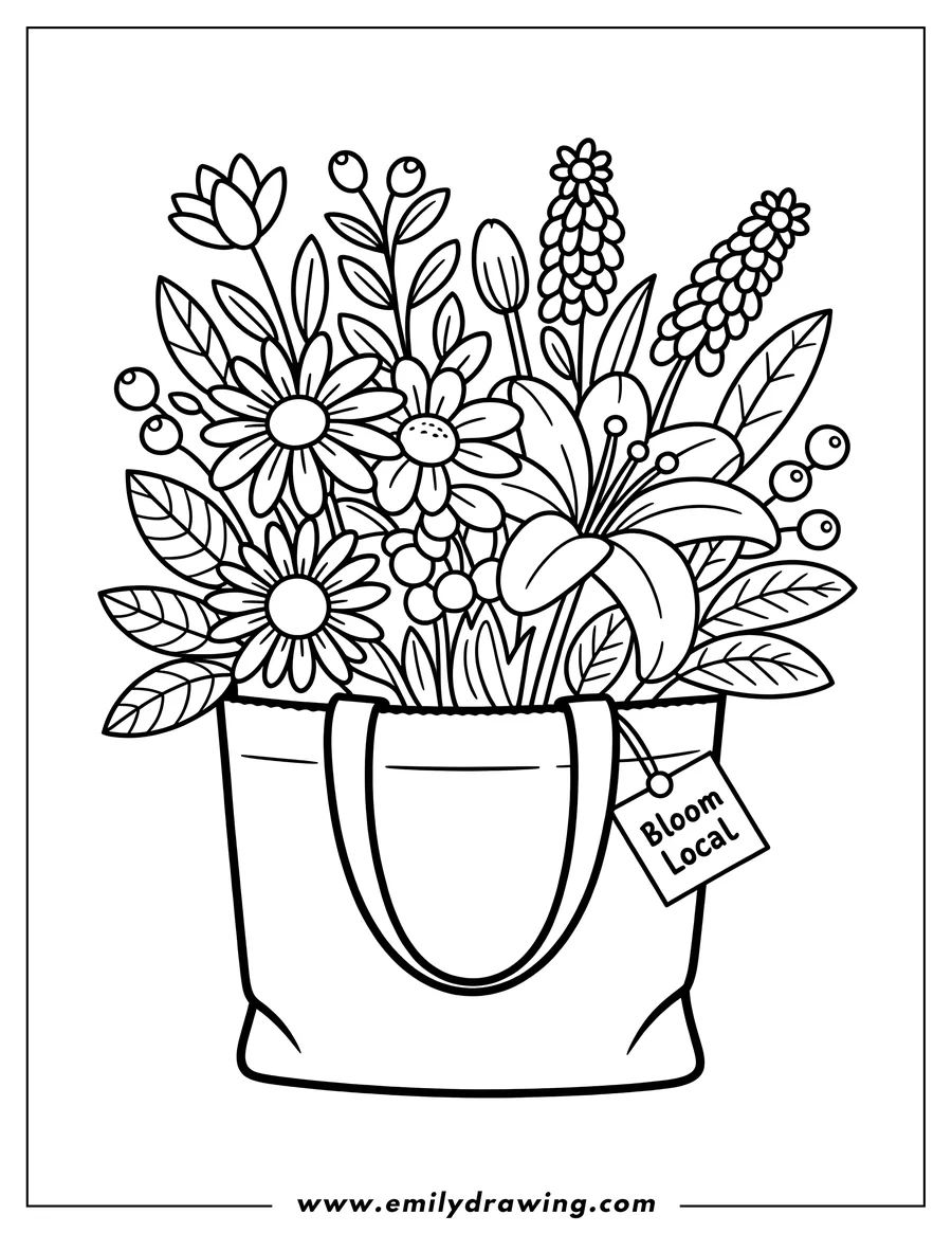 Outline of various flowers in a tote bag, with a 'Bloom Local' tag attached.