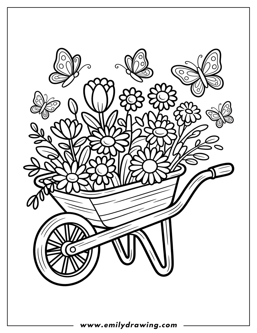 Outline of daisies, tulips, and other flowers in a wheelbarrow, with butterflies fluttering around.