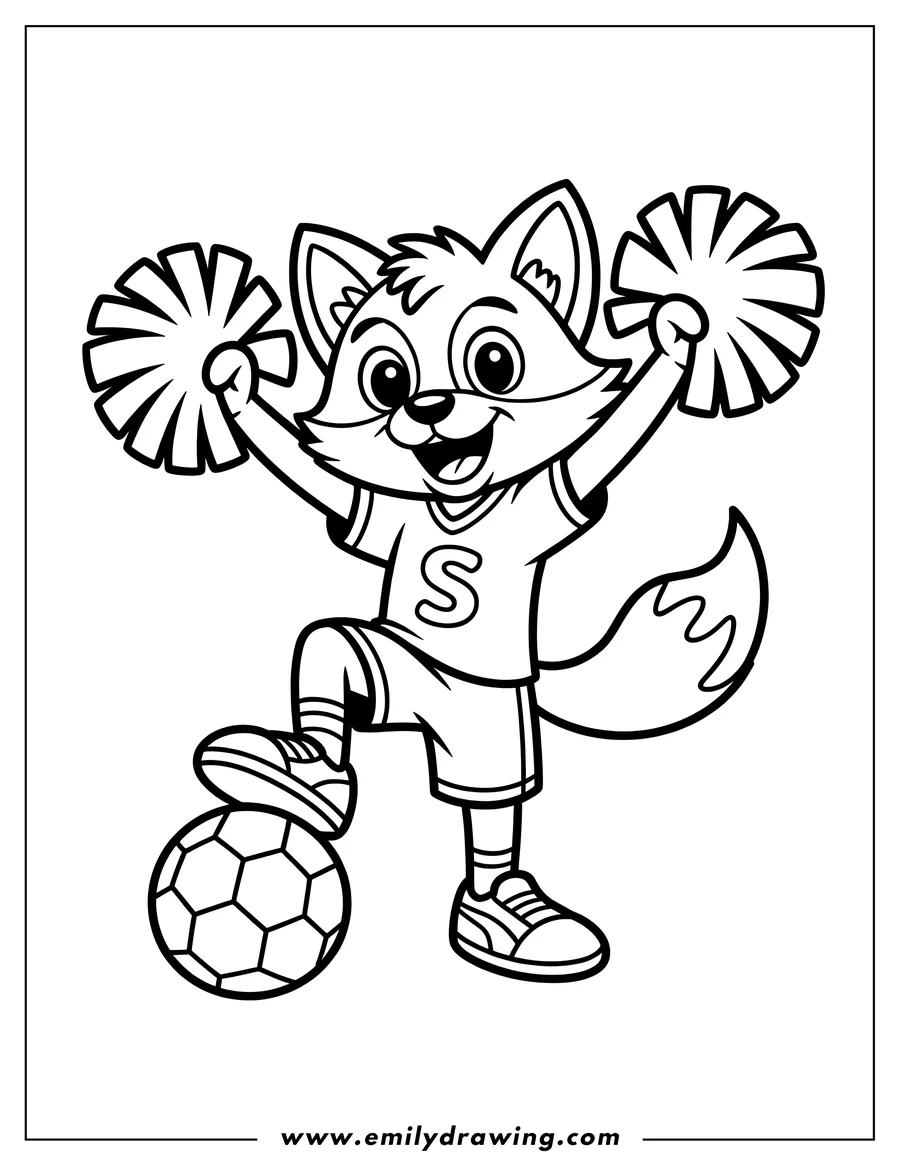 Line art of a fox cheerleader holding pom-poms and balancing a soccer ball on one foot.