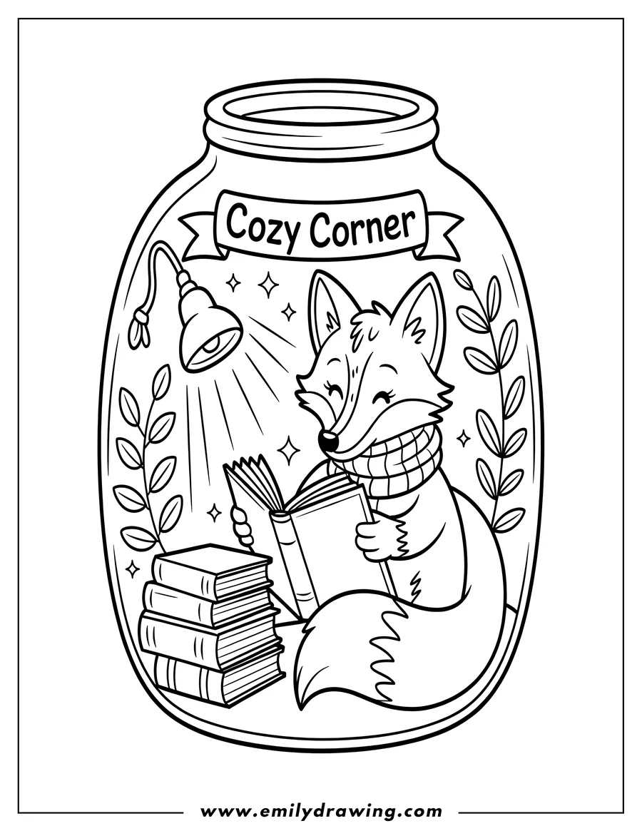 Outline of a fox sitting in a jar labeled 'Cozy Corner', reading a book with a stack of books beside it and a small lamp overhead.