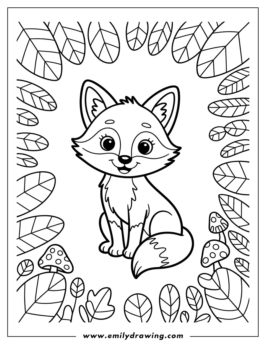 Outline of a fox sitting with a border of leaves and mushrooms surrounding it.