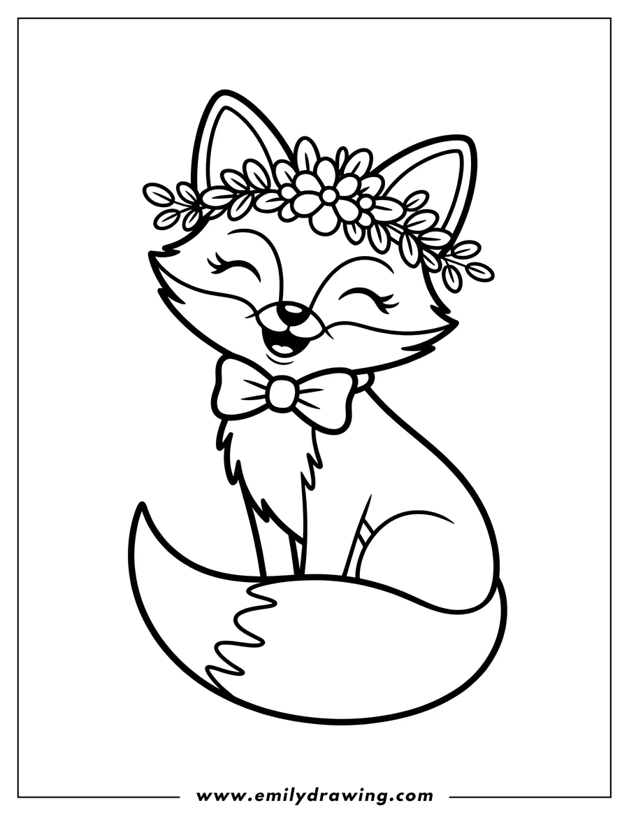 Line art of a fox wearing a flower crown and a bow tie