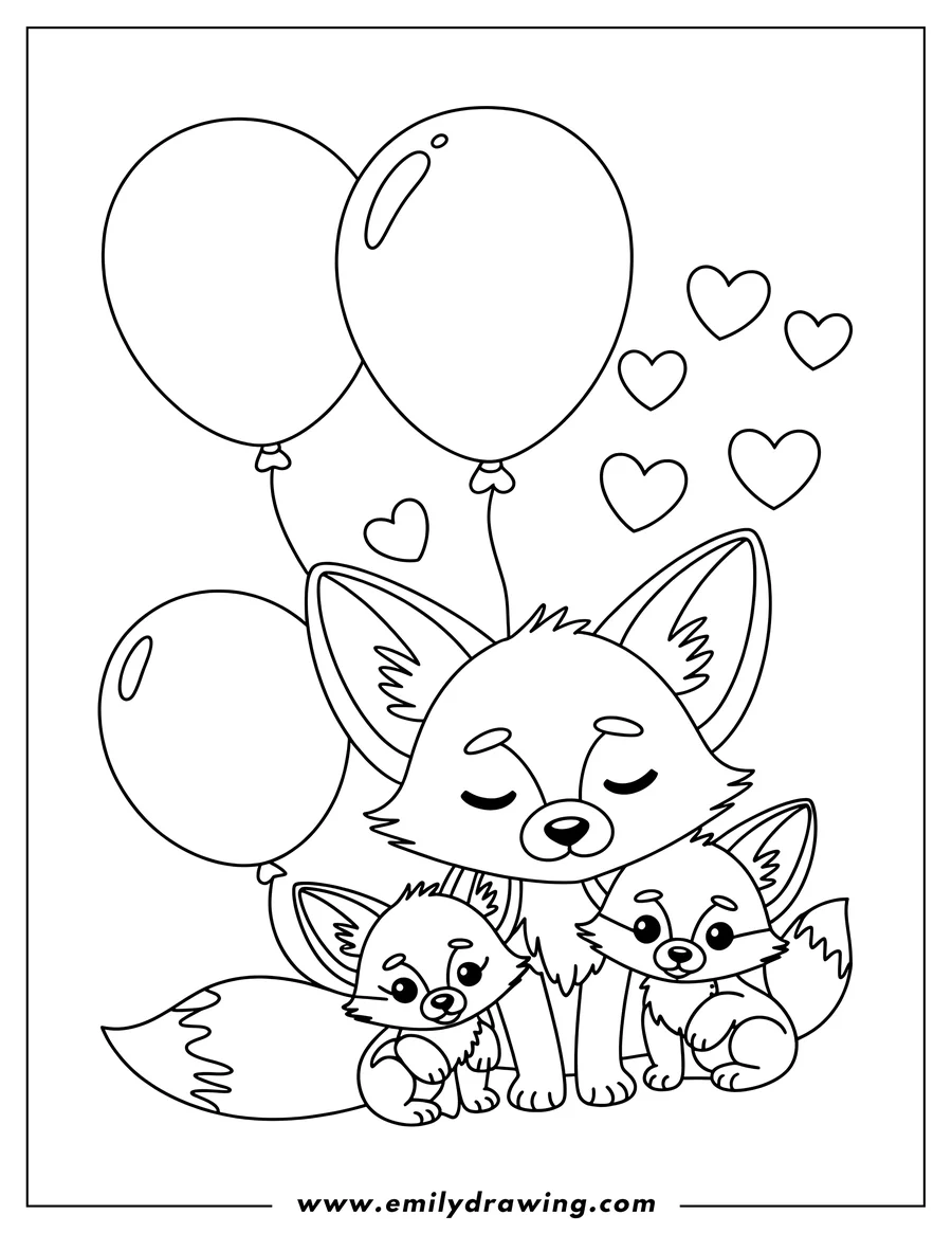 Outline of three foxes with balloons and hearts floating around them.