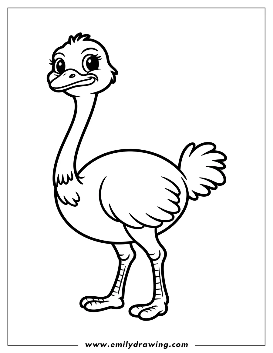 Line art of a friendly ostrich with a big smile, ready to be colored.