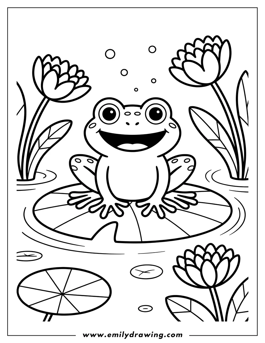 Outline of a smiling frog sitting on a lily pad in a pond surrounded by water lilies.