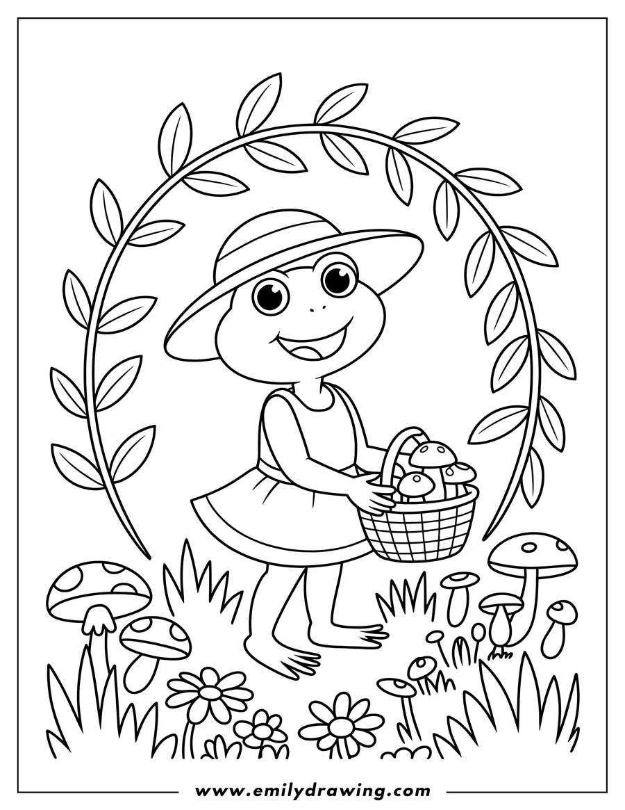 Outline of a smiling frog wearing a sun hat and holding a basket full of mushrooms, surrounded by more mushrooms, grass, and flowers.