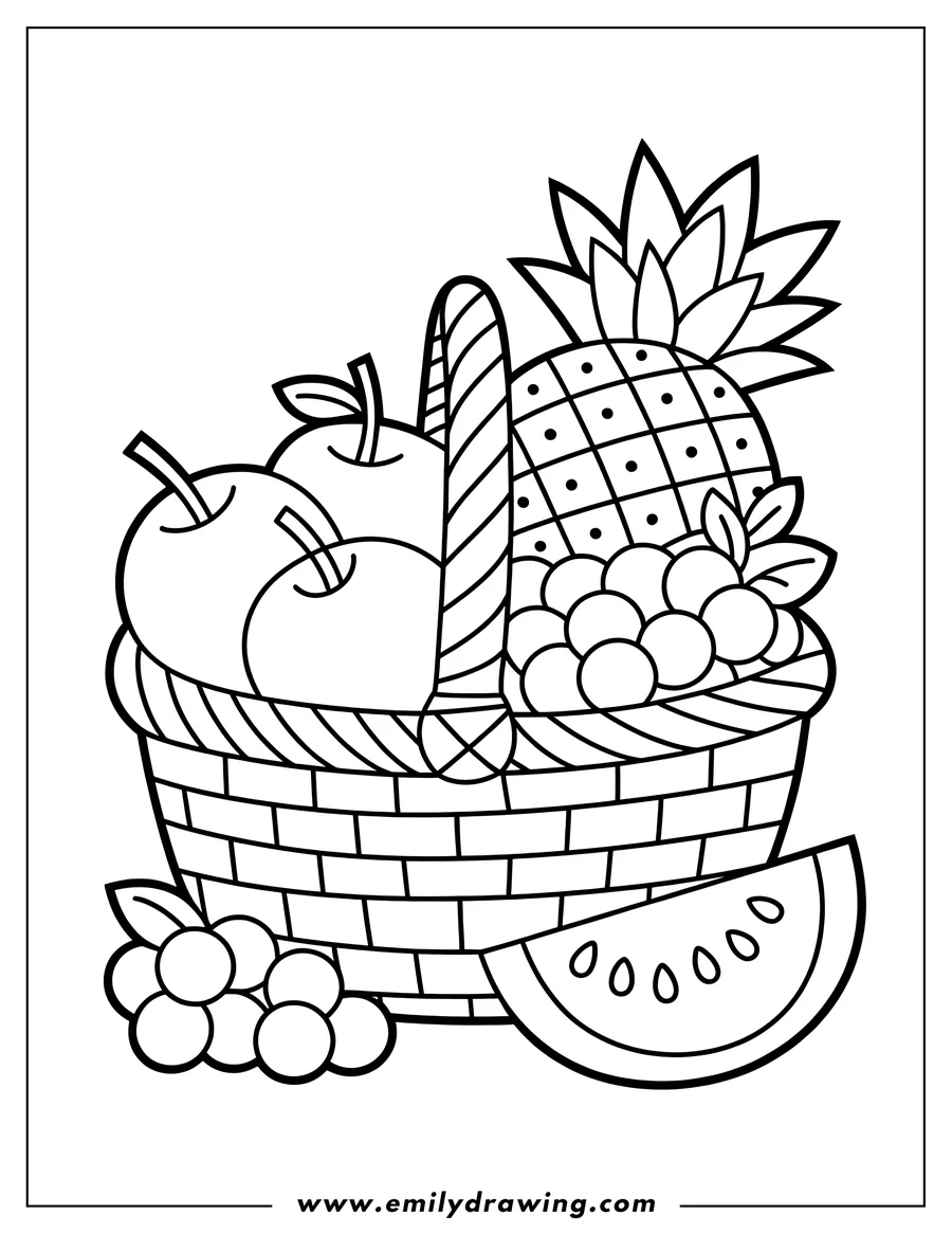 Line art of a basket filled with various fruits, including apples, pineapple, grapes, and a slice of watermelon.