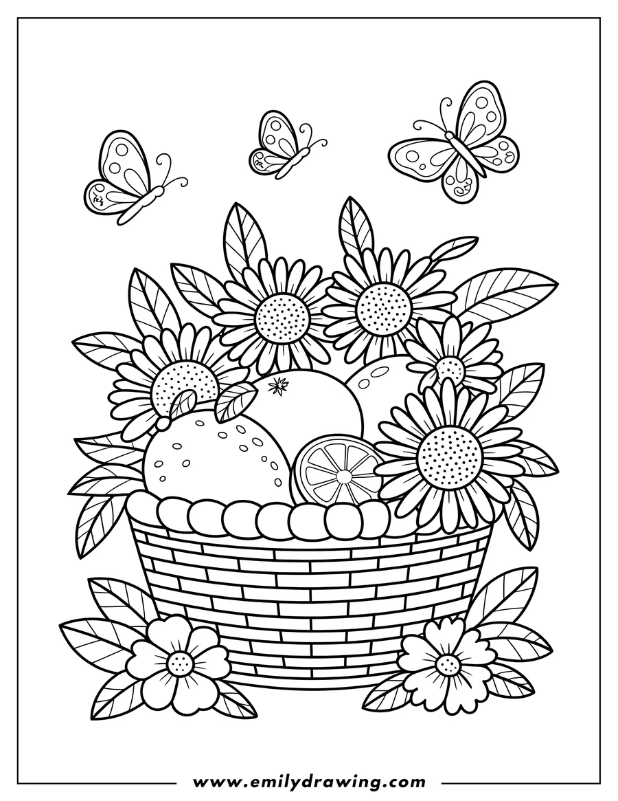 Outline of a woven basket filled with oranges, daisies, and leaves. Three butterflies fly above.