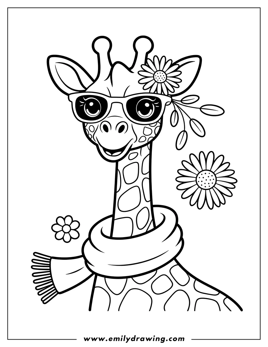 Line art of a giraffe wearing sunglasses, a scarf, and flowers in its hair.