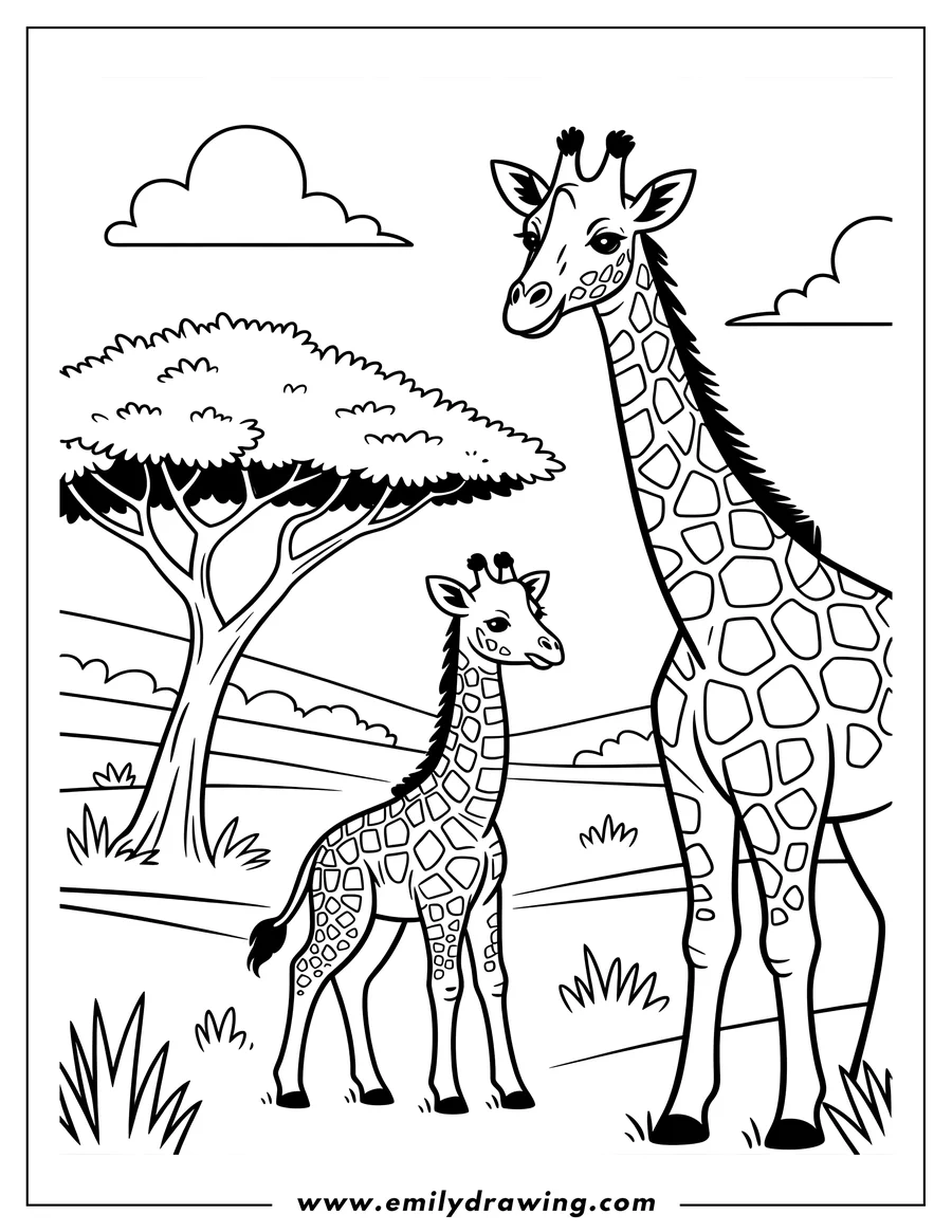 Outline of two giraffes, an adult and a calf, standing in a savanna landscape with a tree, grass, and clouds.
