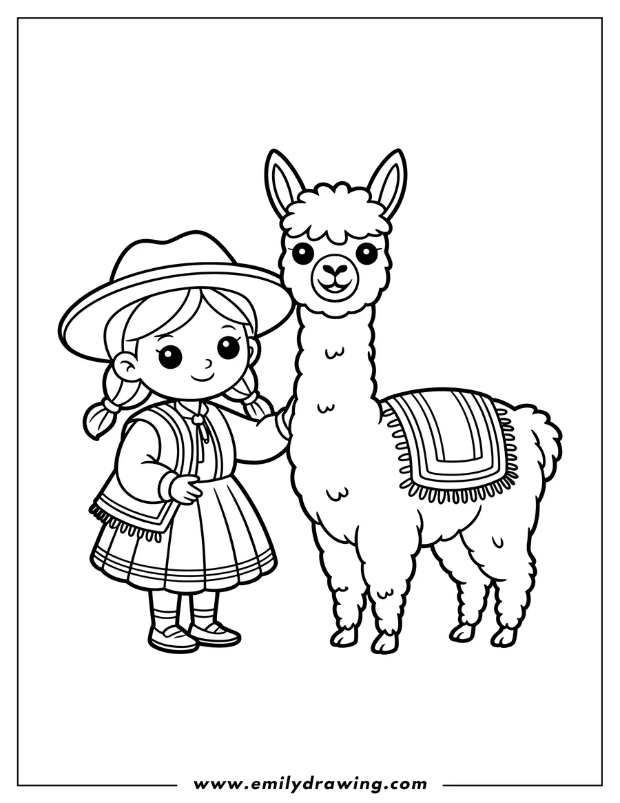 Line art of a girl with pigtails in a traditional outfit and hat petting a friendly alpaca wearing a blanket.