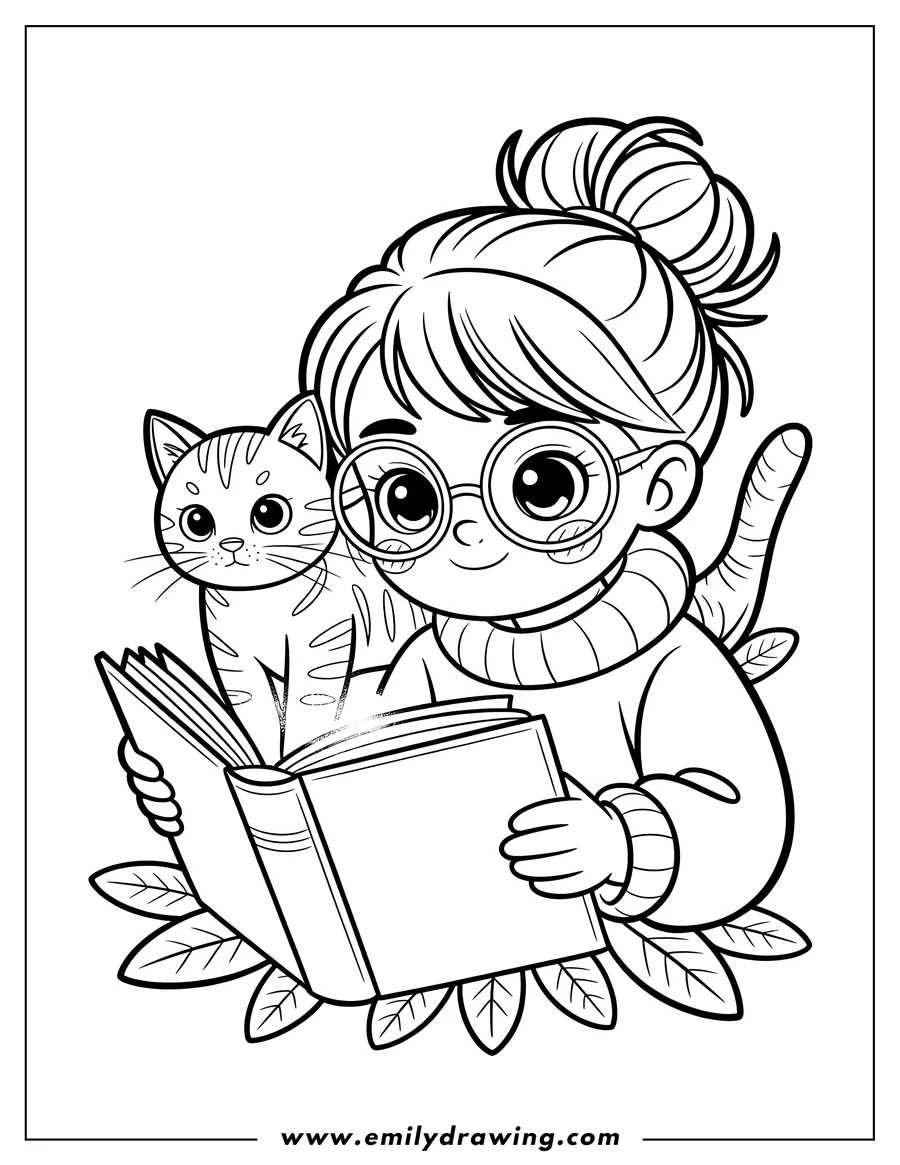 Outline of a girl wearing glasses and a cat reading a book together, surrounded by leaves.