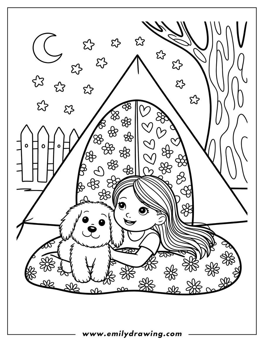 Outline of a girl and a puppy cuddling inside a tent decorated with flowers and hearts, with a crescent moon and stars visible in the night sky.