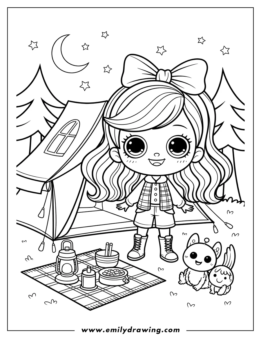 Outline of a girl at a campsite with a tent, picnic blanket, lantern, food, and two small toys beside her, set against a backdrop of trees, a crescent moon, and stars.