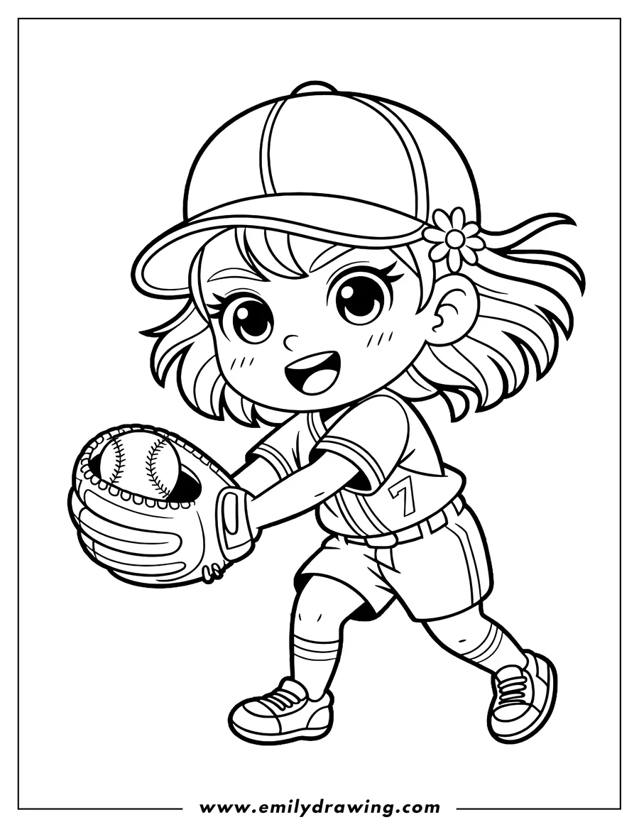Line art of a girl wearing a baseball uniform and cap, catching a baseball in her glove.