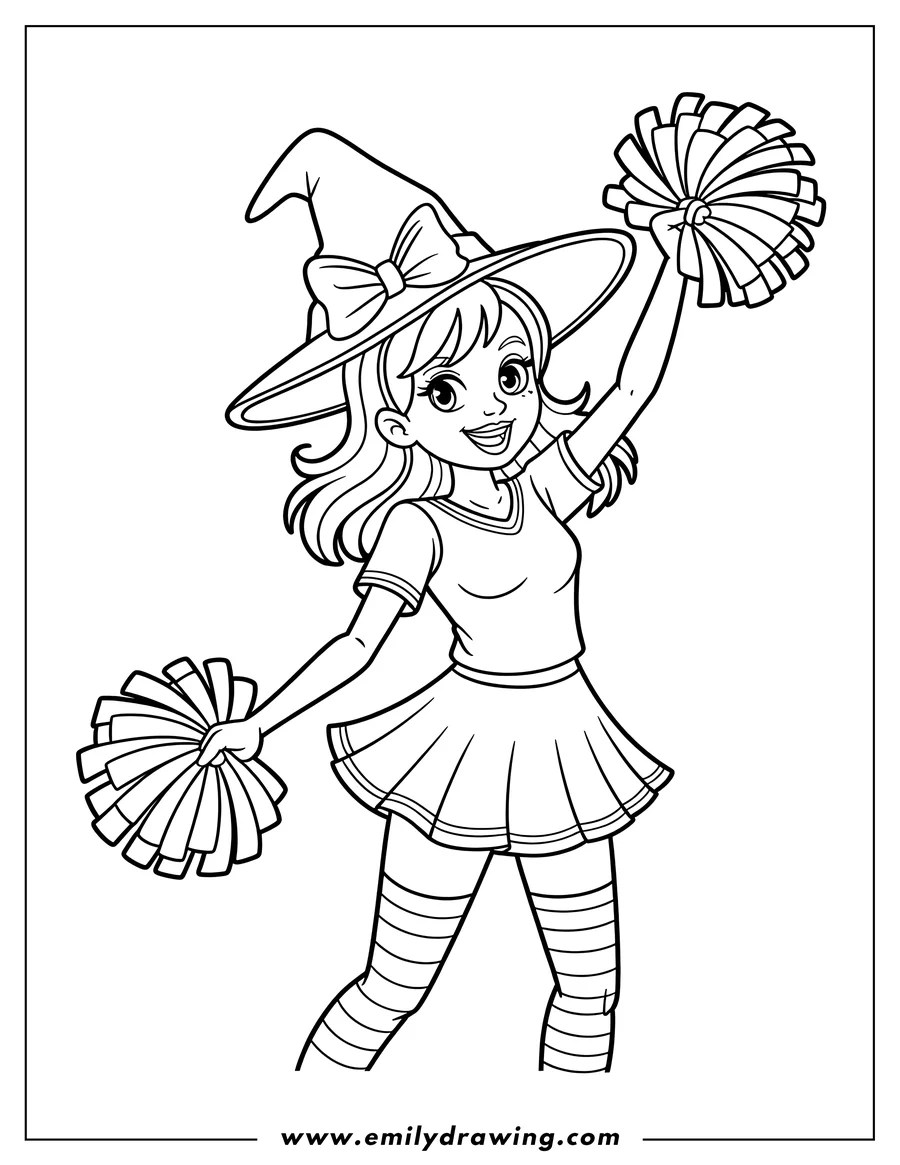Line art of a girl dressed as a cheerleader, holding pom-poms and wearing a witch's hat.