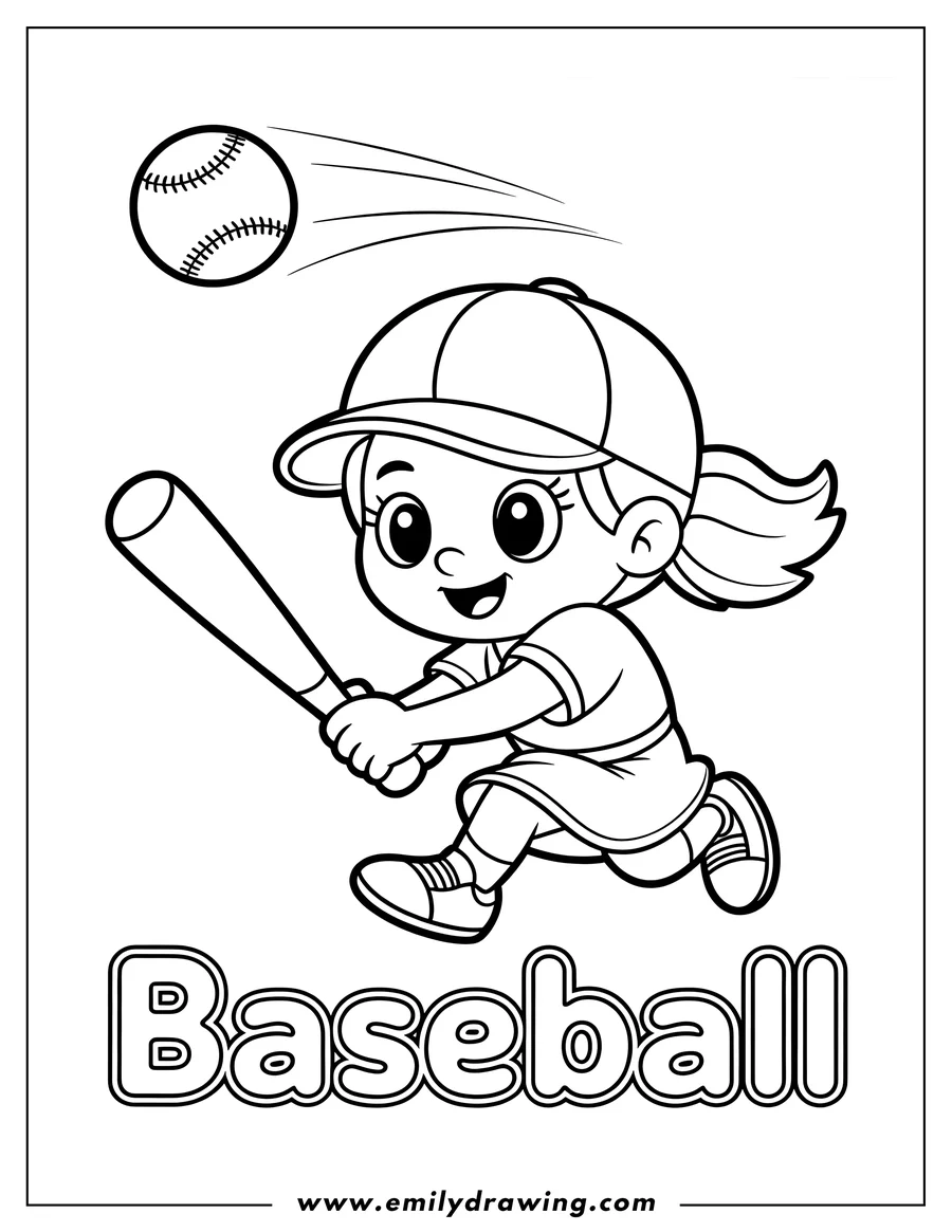 Line art of a girl swinging a baseball bat at a flying baseball. She's wearing a baseball cap and running as she hits.