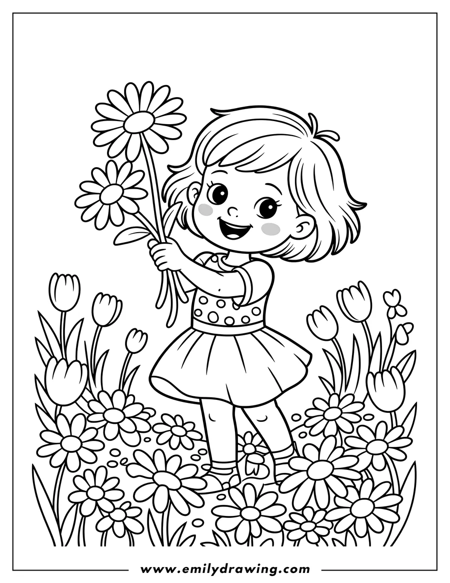 Outline of a smiling girl holding a bunch of daisies in a field of flowers.  Tulips are mixed in with the daisies. Springtime scene.