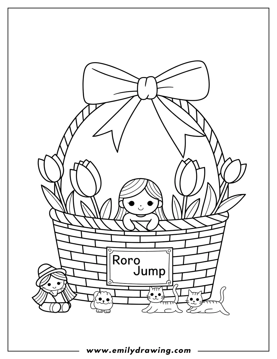 Outline of a girl in a large basket decorated with tulips. A doll, puppy, and two cats sit near the basket.