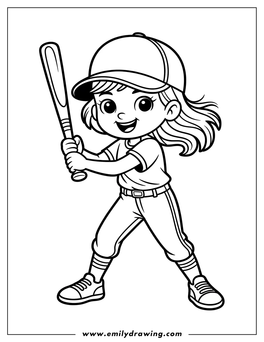 Line art of a girl playing baseball. She is holding a bat and wearing a baseball uniform and cap.
