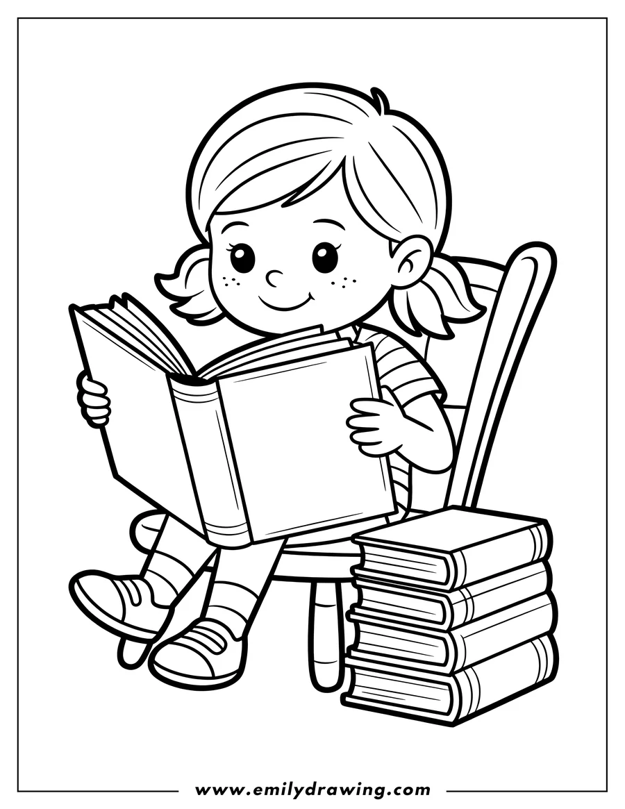 Outline of a girl sitting in a chair and reading a book. A stack of books sits on the floor beside her.