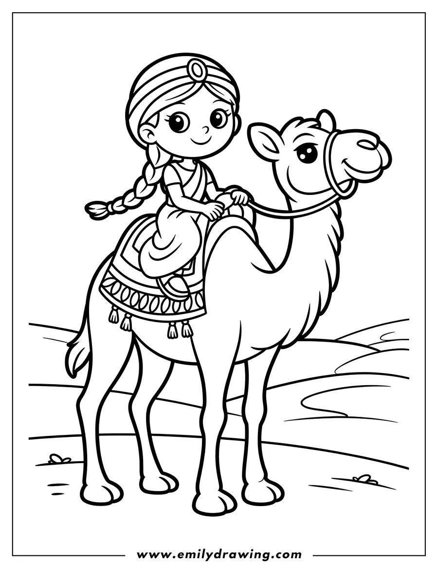 Line art of a girl with a braided hairstyle riding a camel across the desert.