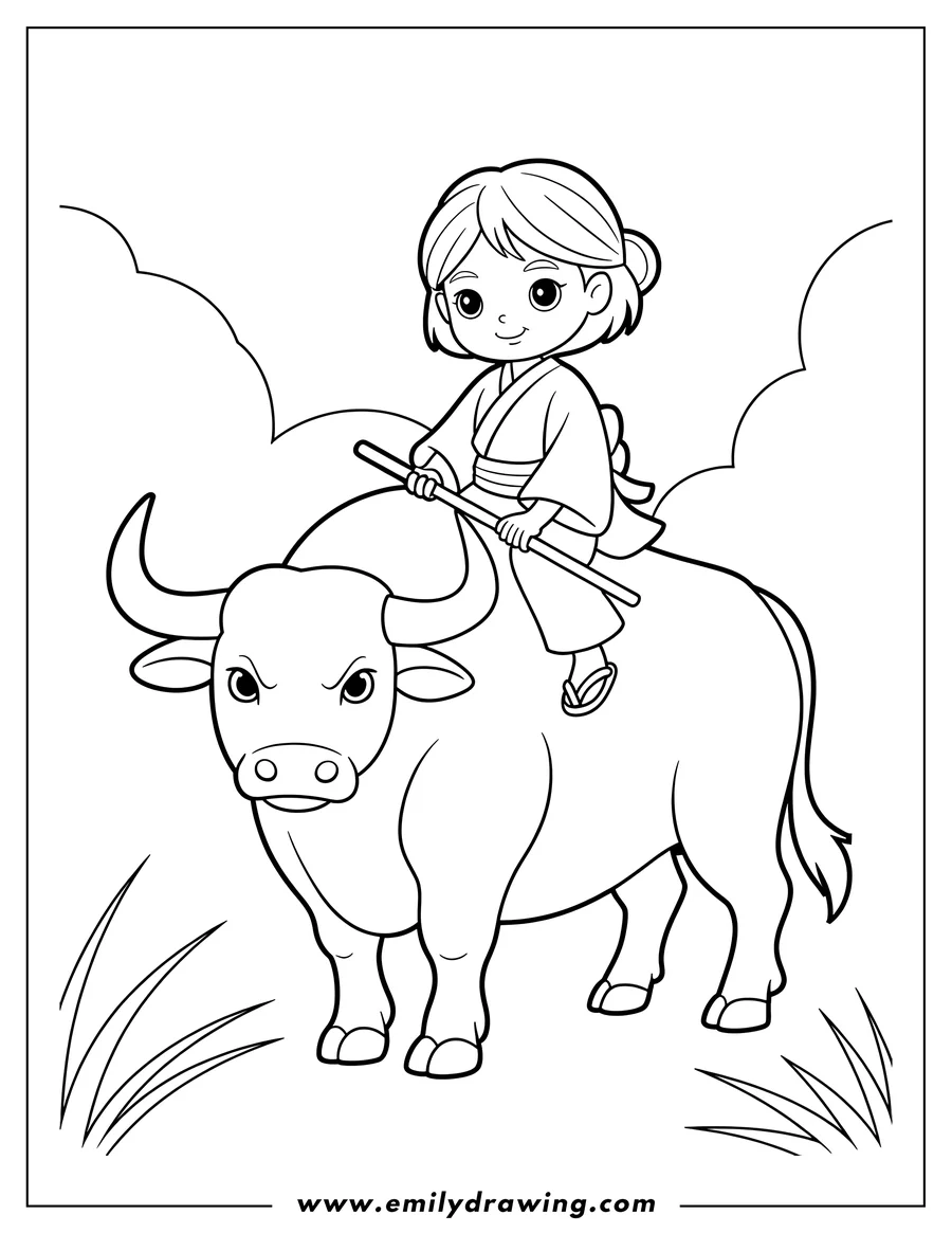 Outline of a young girl riding on the back of a large ox. She holds a stick as though guiding the ox.
