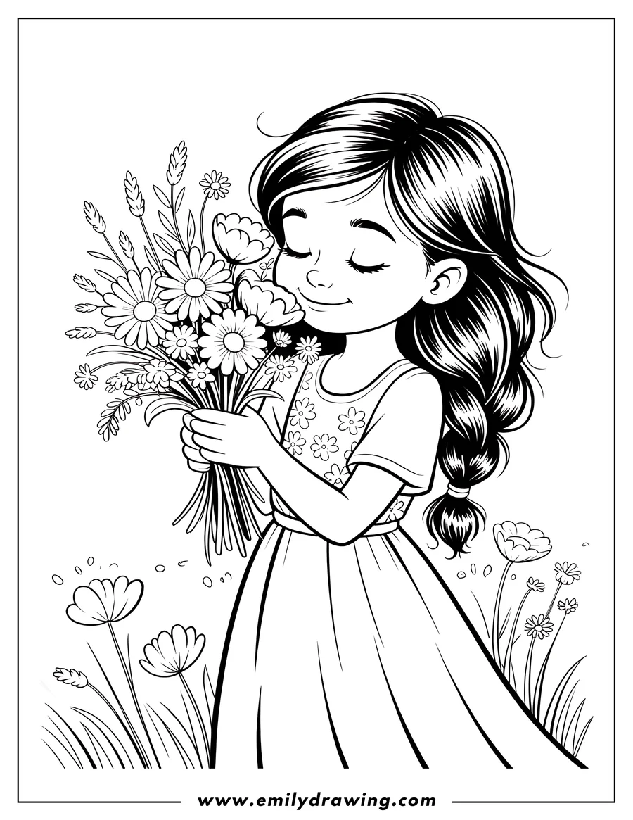 Line art of a girl holding and smelling a bouquet of daisies and other wildflowers in a field.