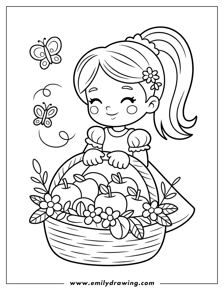 Line art of a girl holding a basket filled with apples and decorated with flowers. Two butterflies fly near her.