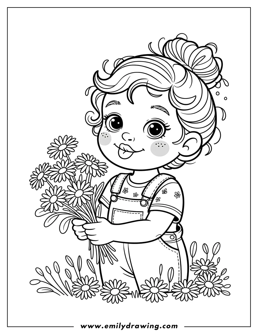 Outline of a young girl holding a bouquet of daisies, with more daisies at her feet.
