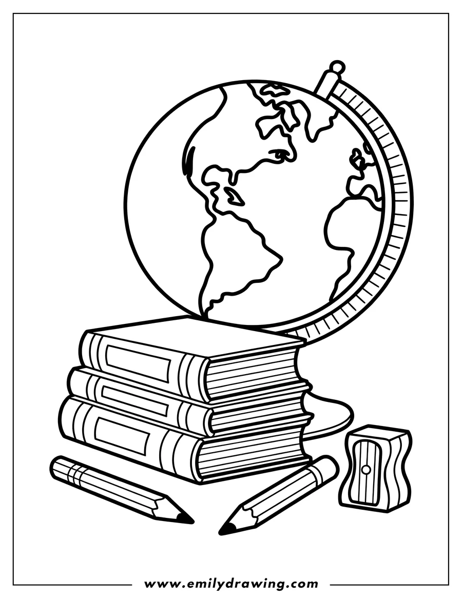 Line art of a globe, stack of books, pencils, and a sharpener. Perfect for a back-to-school coloring activity.