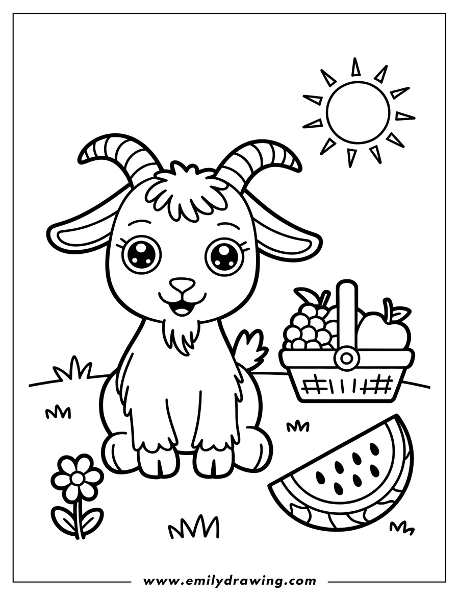 Line art of a goat sitting near a picnic basket filled with grapes and an apple. A slice of watermelon is beside the basket, and a flower grows nearby.
