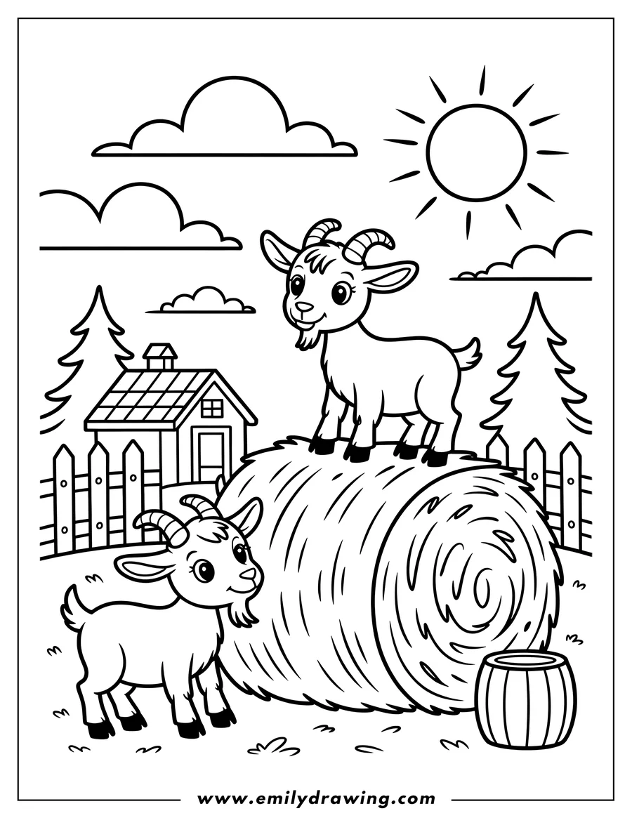 Outline of two playful goats, one standing on a large hay bale and the other looking up at it, with a barn, fence, and trees in the background.