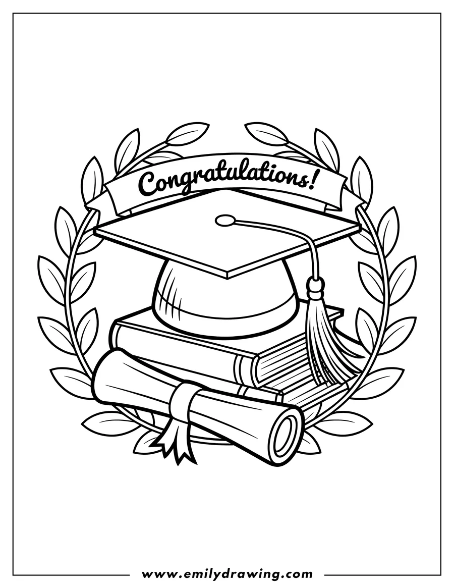 Line art of a graduation cap resting on two books, with a rolled diploma beneath, framed by a laurel wreath and a 'Congratulations' banner.
