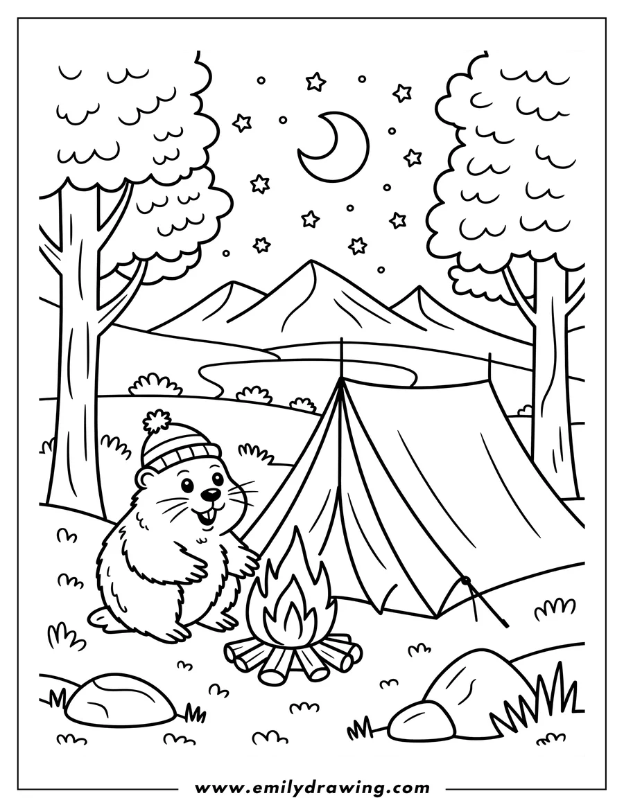 Line art of a groundhog wearing a winter hat, sitting by a campfire near a tent at night. Mountains and trees are visible in the background.