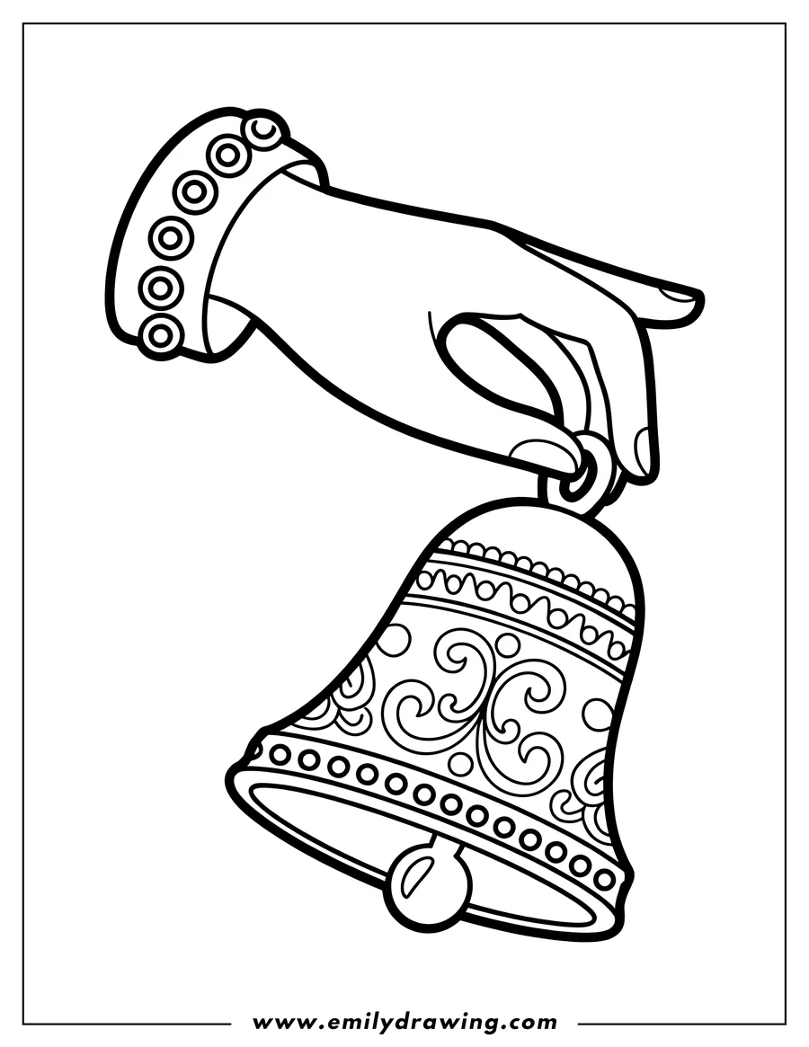 Line art of a hand holding a decorated bell