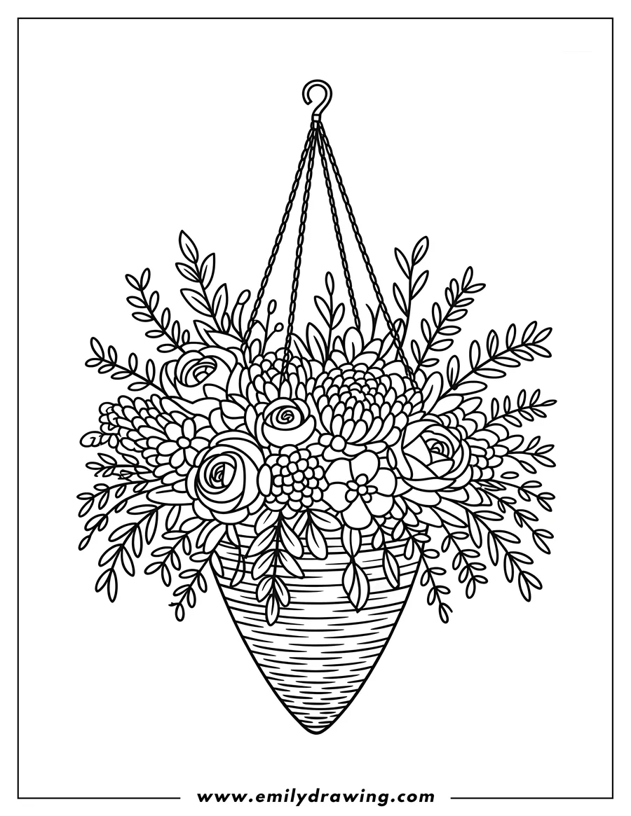 Line art of a hanging basket overflowing with a variety of flowers and leaves.