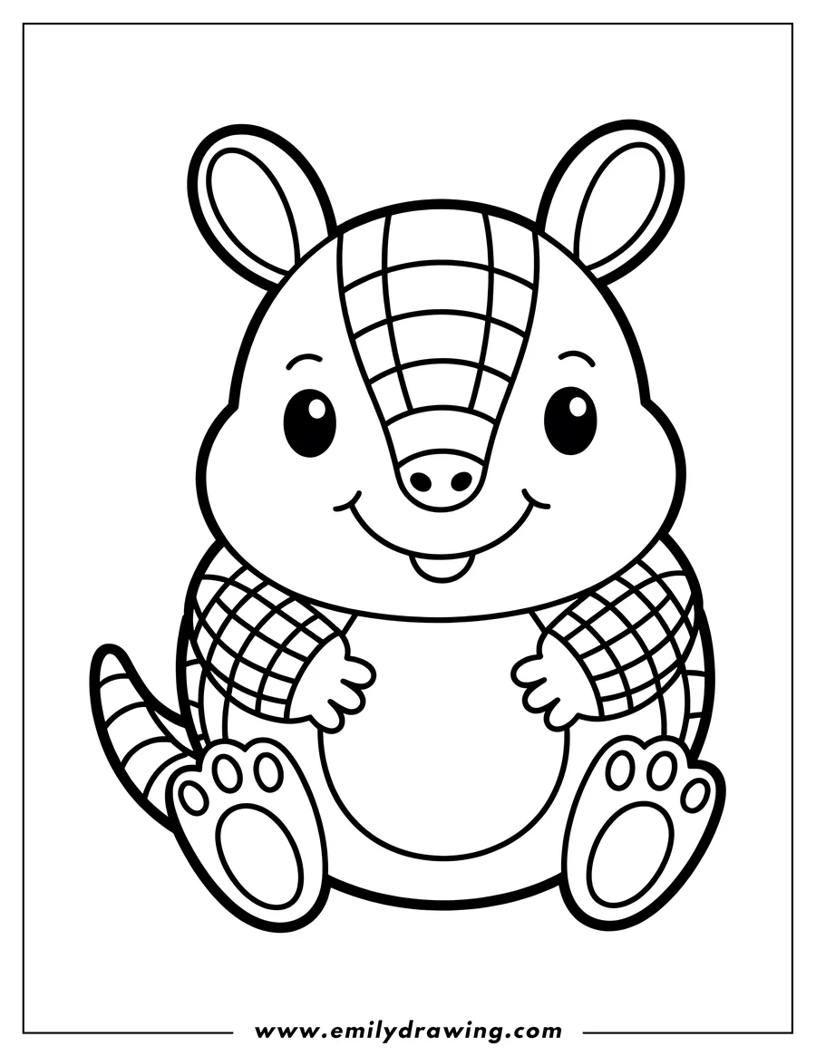 Outline of a happy armadillo sitting with a smile, ready to be colored.