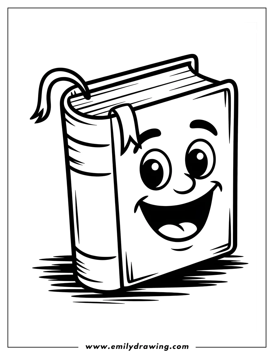 Line art of a happy book with a big smile and a bookmark.