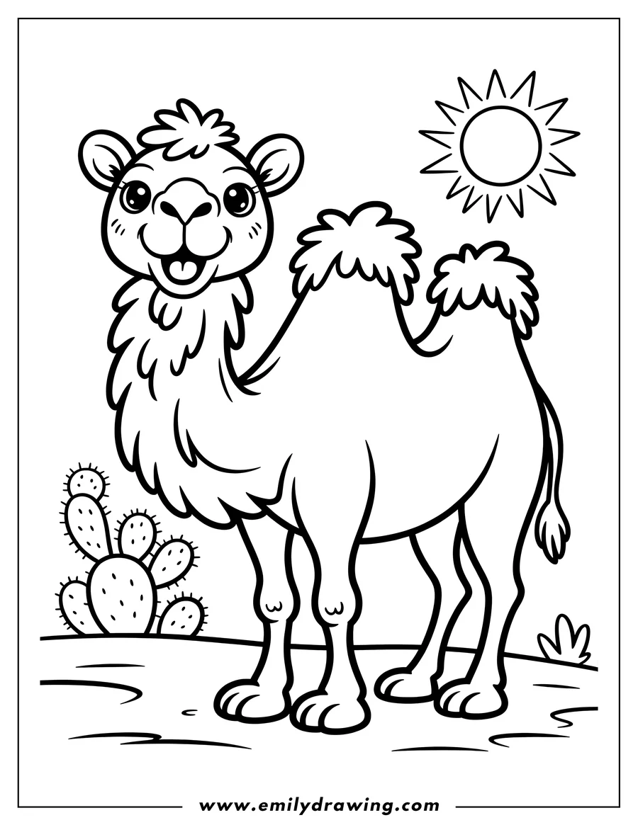 Outline of a happy camel standing near a cactus plant under the sun.