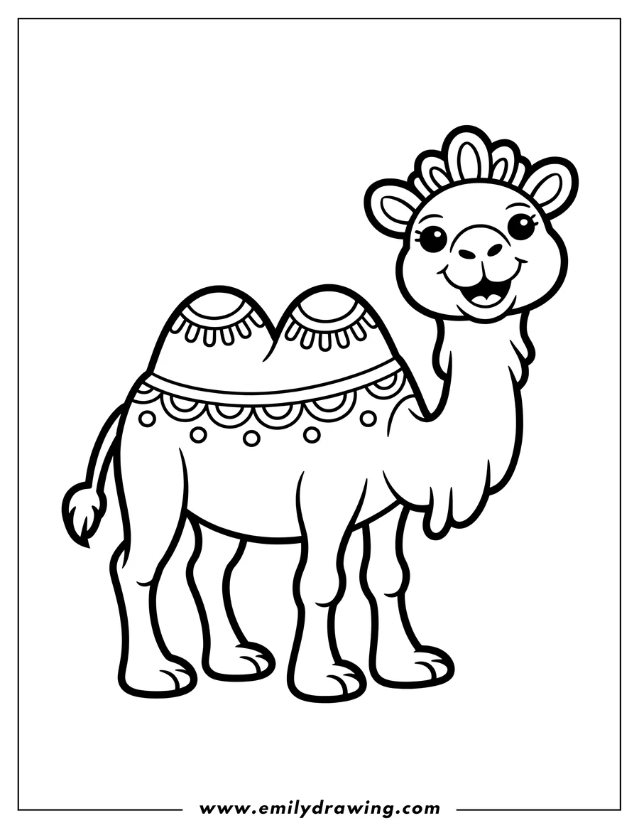 Line art of a happy camel with decorative patterns on its humps.