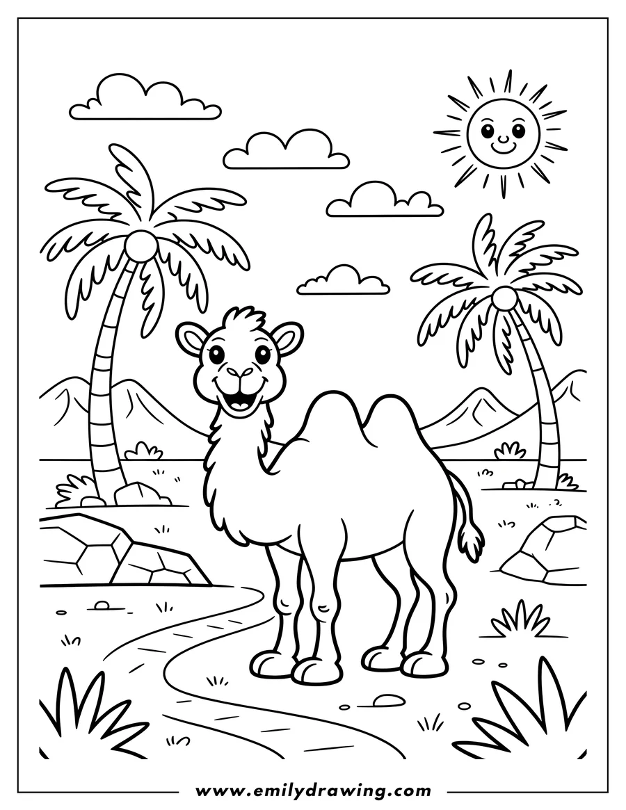 Line art of a happy camel standing near an oasis with palm trees, rocks, and a smiling sun.