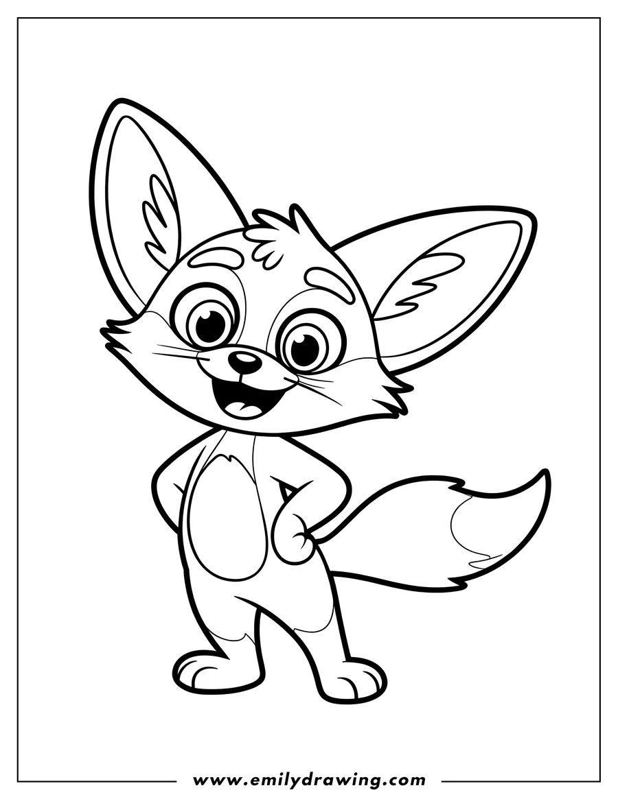 Outline of a cheerful fennec fox with large ears, standing with its hands on its hips and smiling.